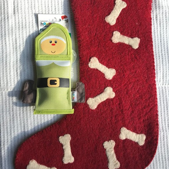 Handmade felted wool Christmas stocking with bone applique and elf toy - Picture 5 of 5